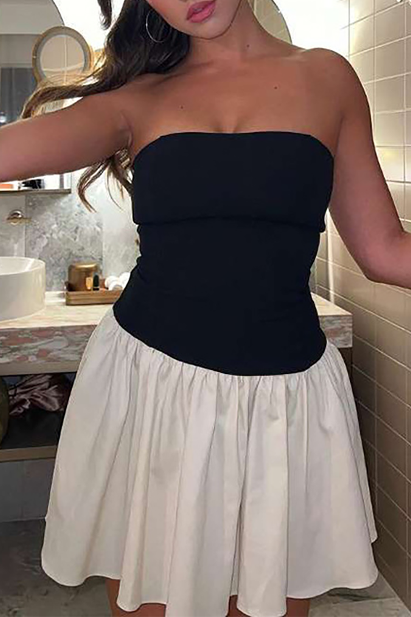 Boat Neck Strapless A - Line Pleated Colorblock Mini Dresses - Black