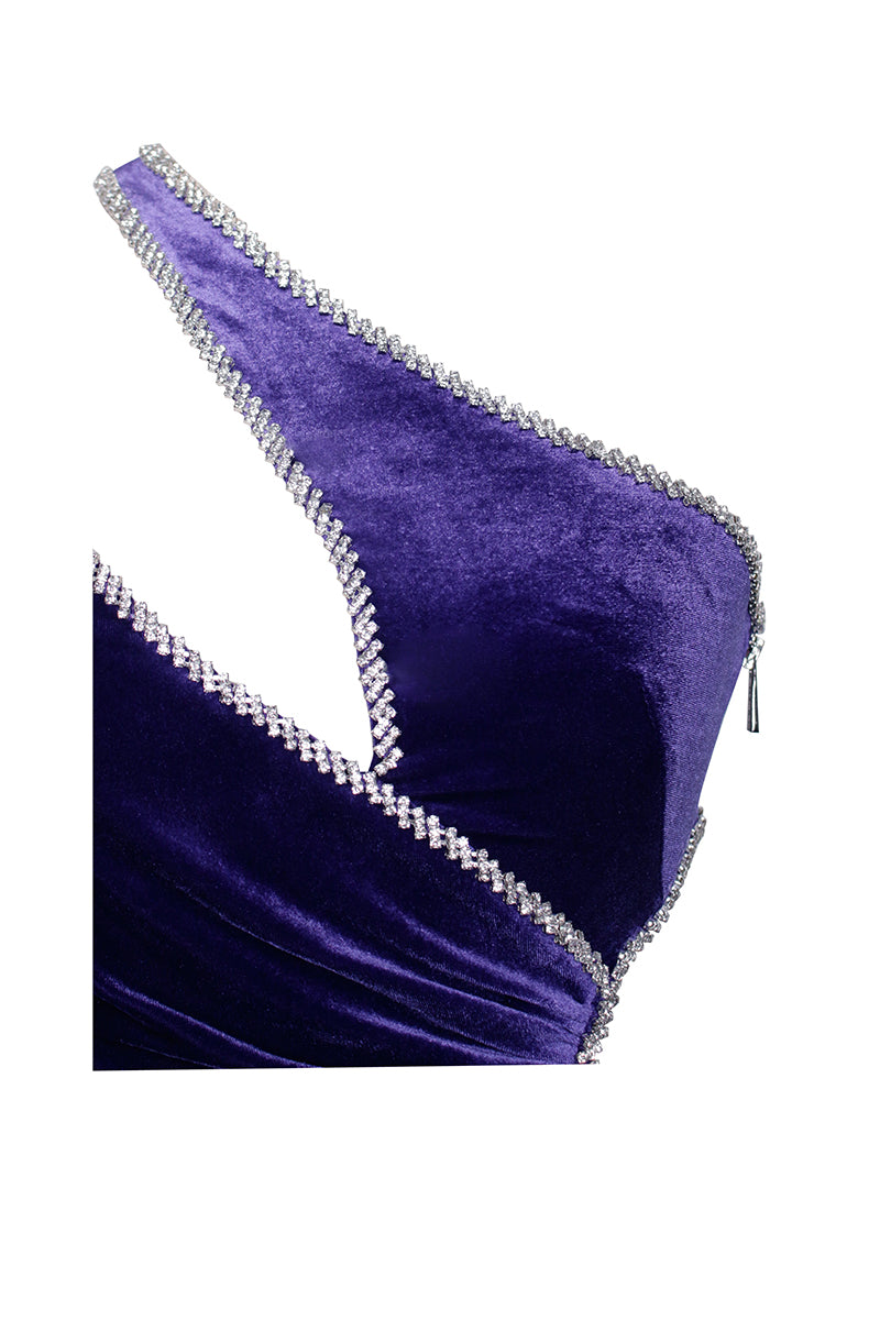 One Shoulder Rhinestone Tied Up Maxi Velvet Prom Dresses