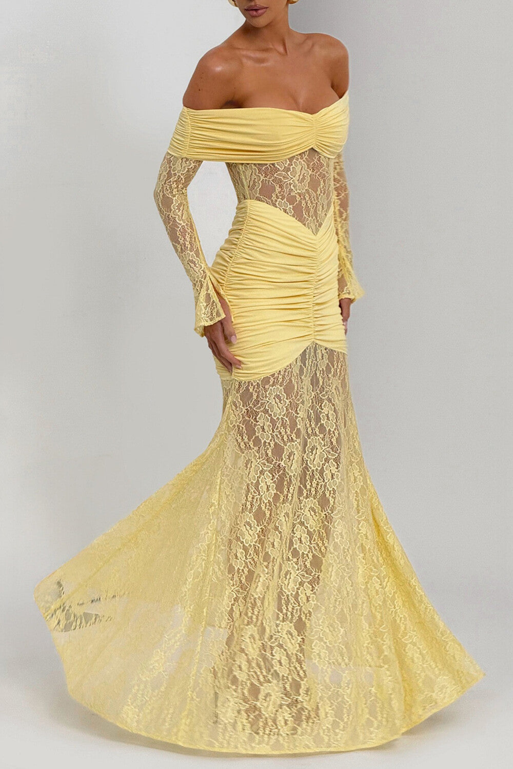 Jacquard Lace Patchwork Off Shoulder Long Sleeve Ruched Maxi Dresses - Yellow