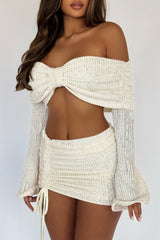 Knit Off Shoulder Crop Top Ruched Mini Skirt 2pcs Set - OffWhite Pre Order