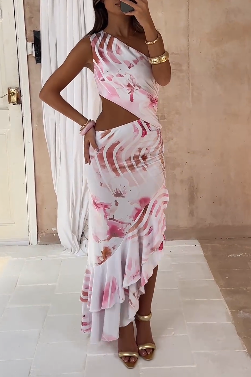 Floral Print Skew Neck Cutout Ruffled Irregular Maxi Dresses - White