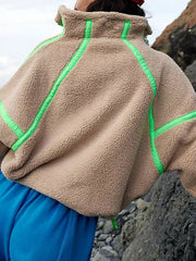 Sudadera de felpa de manga larga con media cremallera y cordón en contraste