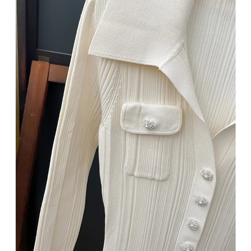 Ivory fishtail maxi dress delicate and elegant ribbed knit long sleeve stretch slim wrap Womens dresses spring new