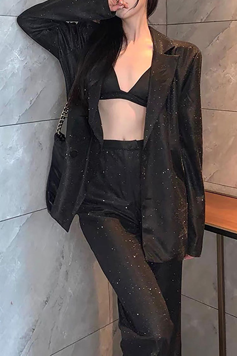 Sequin Notch Lapel Blazer Cami Bra Straight Leg Pants Matching Set - Silver