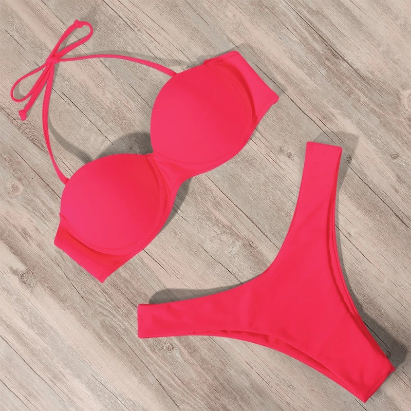 Solid Two Piece Push-Up Bra Bikini Set For Women