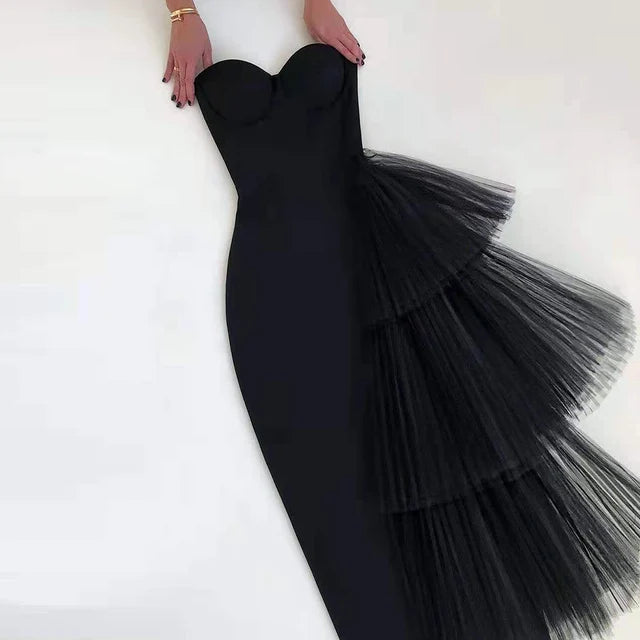 Red Color Women Sexy Off the Shoulder Ruffles Bodycon Mid-calf Dress Rayon Bandage Celebrate Birthday Party Dress