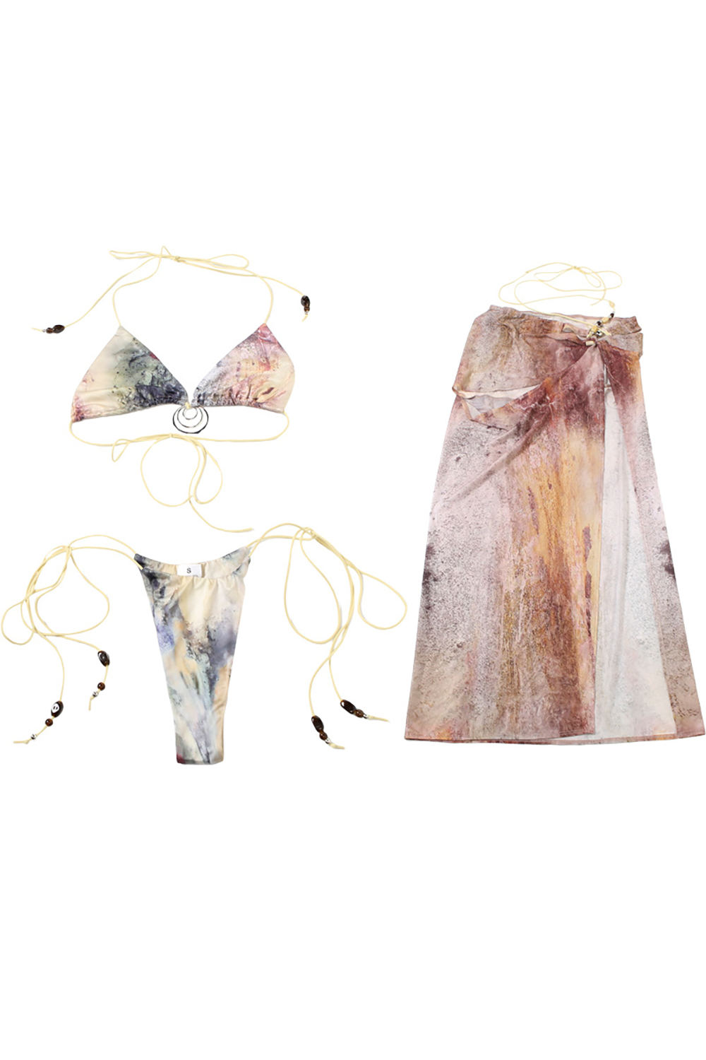 Cutout High Slit Semi Sheer Maxi Skirt Tie Up Halter Bikini 3pcs Set - Brown