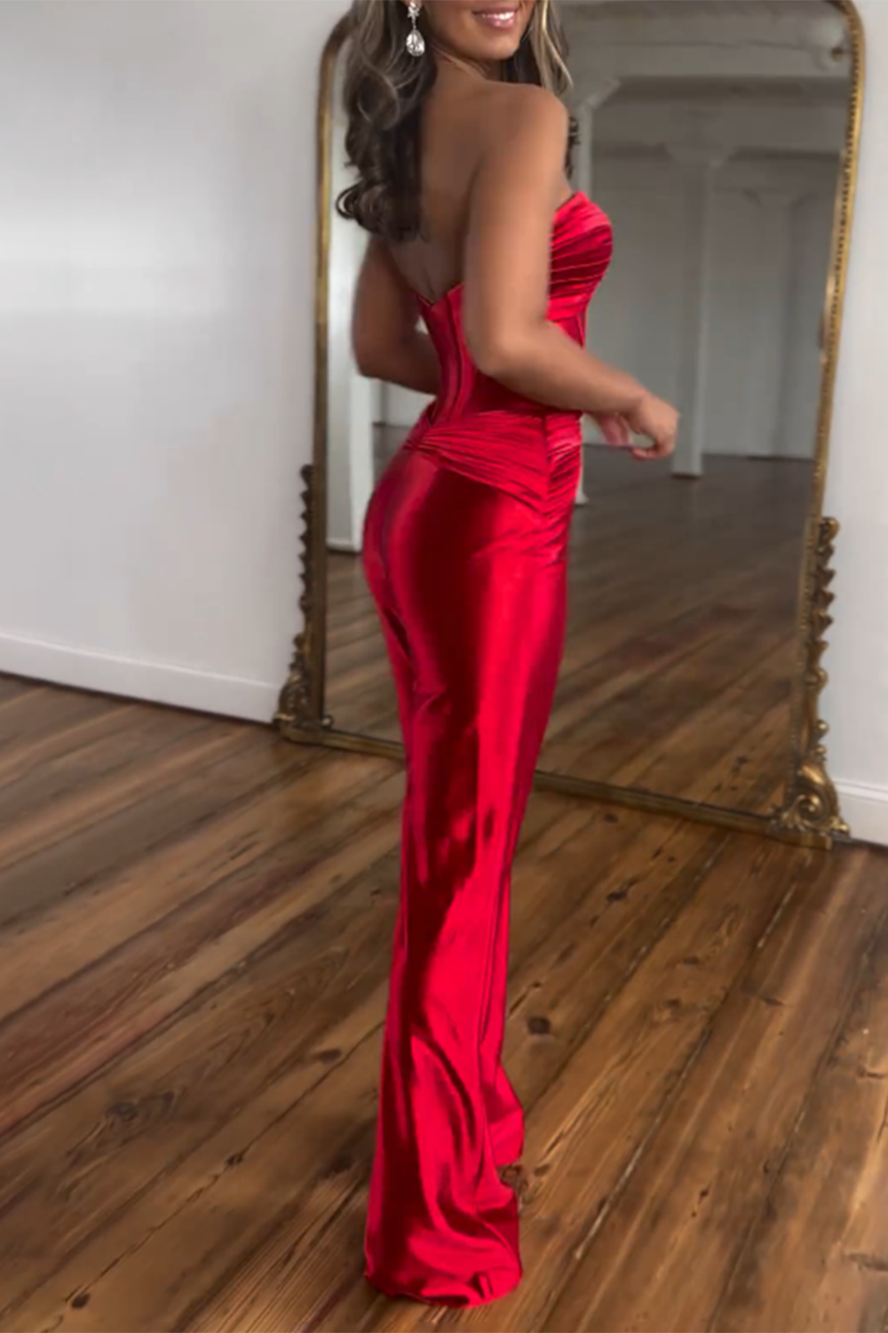 Twisted Strapless Cutout Corset Straight Leg Party Jumpsuit - Red