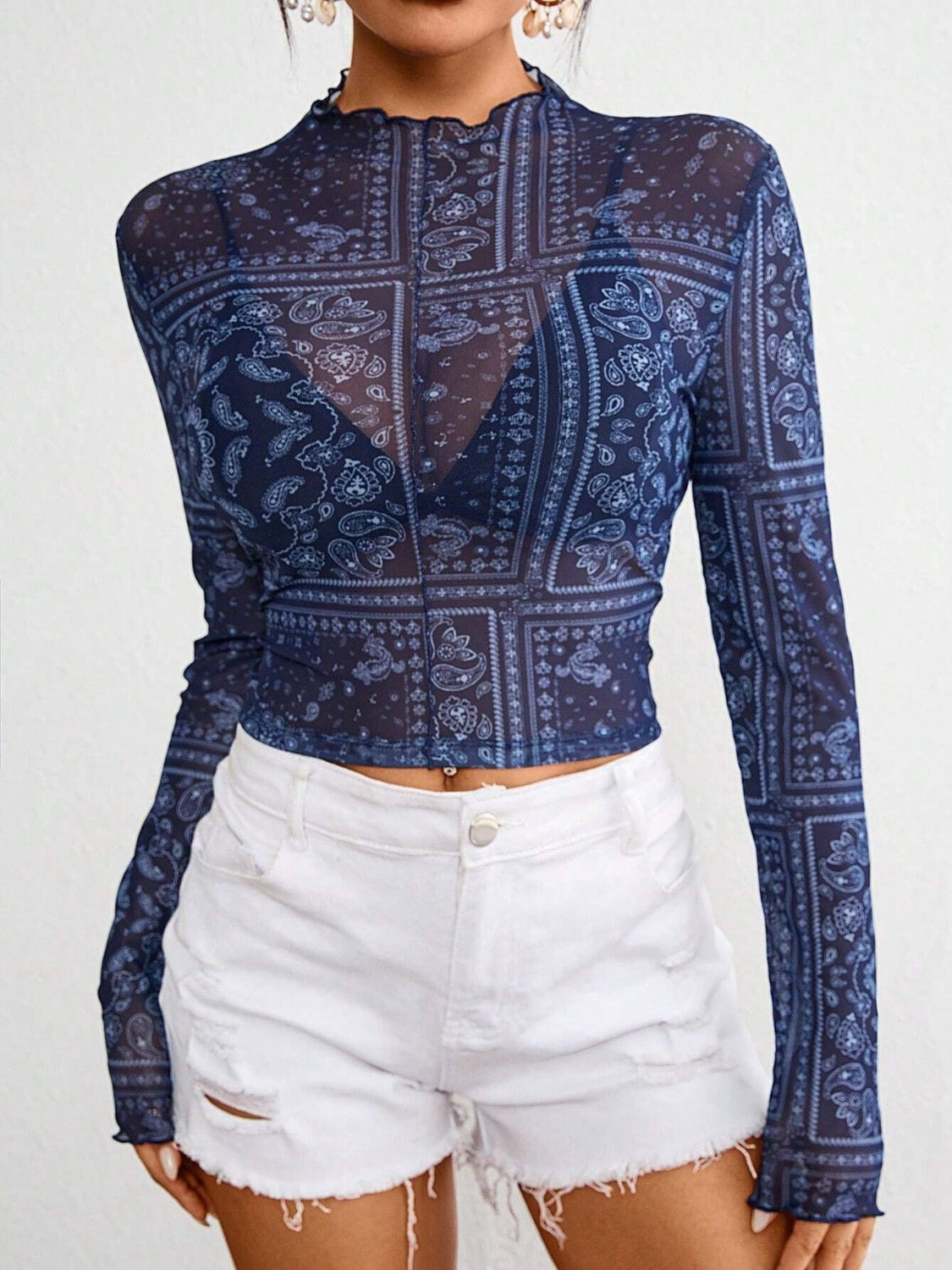 Transparentes Top mit Stehkragen und Paisley-Muster