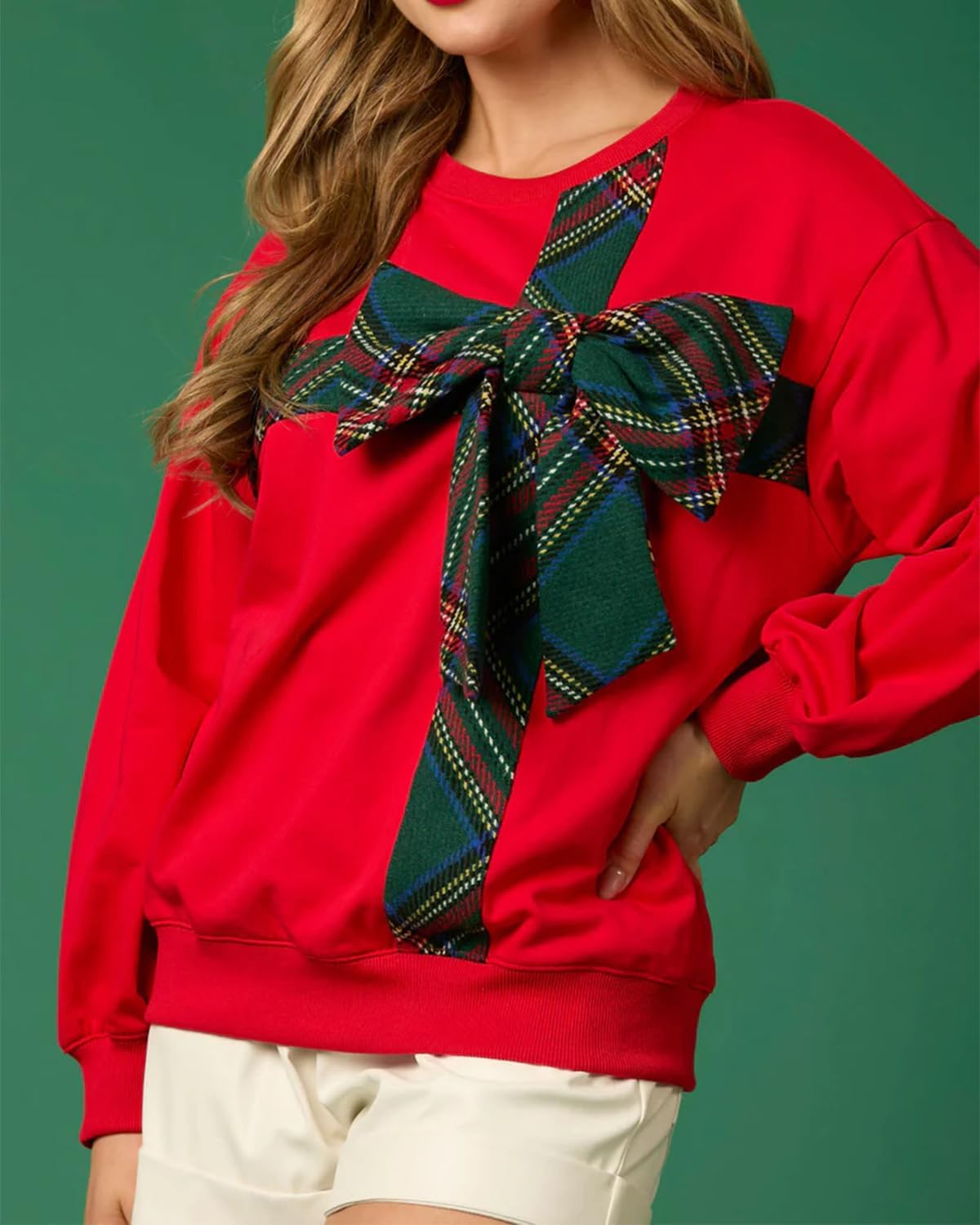 Christmas Round Neck Long Sleeve Bow Sweatshirt