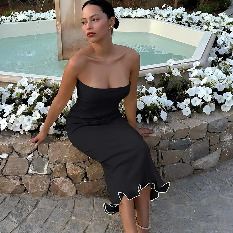 Solid color sexy strapless long, slim fit, big wave skirt hem dress