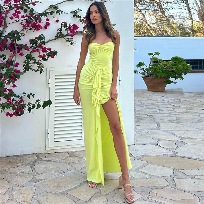 Autumn and Winter Hanging Neck One line Neck Drawn Pleated Split Slim Fit Dress