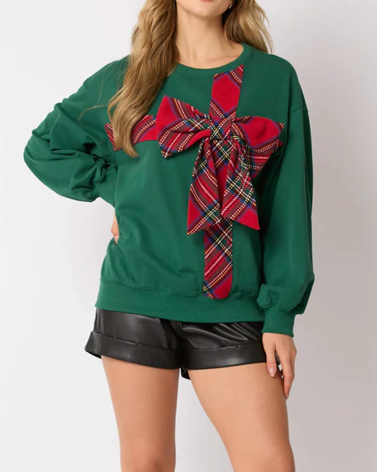 Christmas Round Neck Long Sleeve Bow Sweatshirt