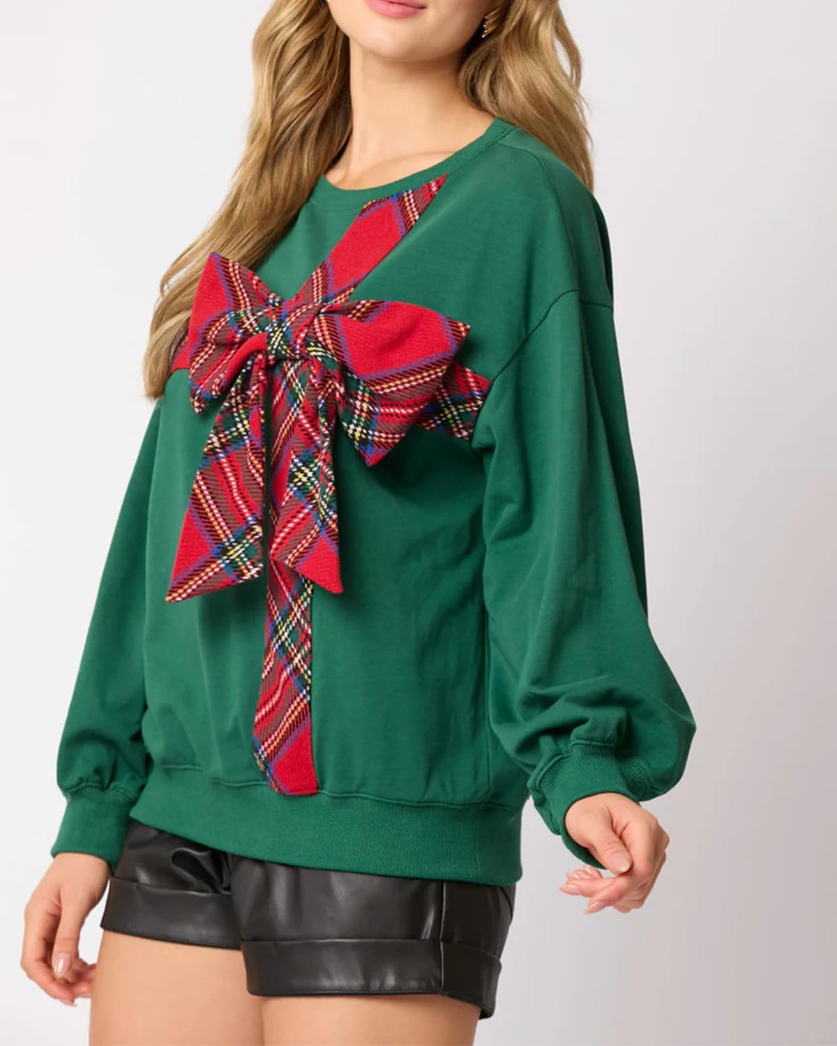 Christmas Round Neck Long Sleeve Bow Sweatshirt