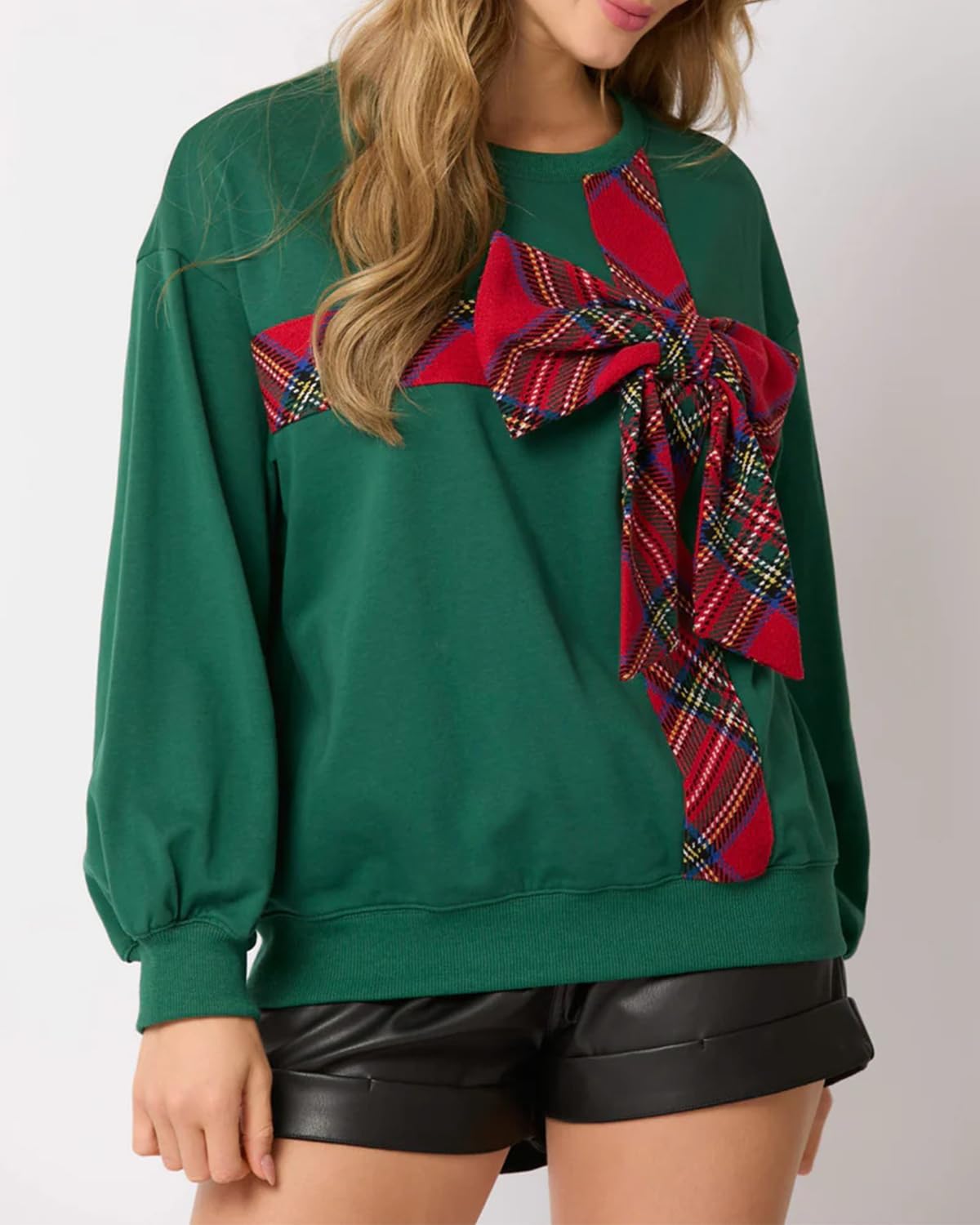 Christmas Round Neck Long Sleeve Bow Sweatshirt