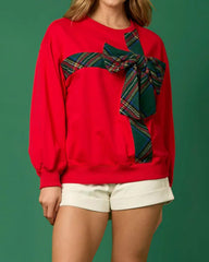 Christmas Round Neck Long Sleeve Bow Sweatshirt