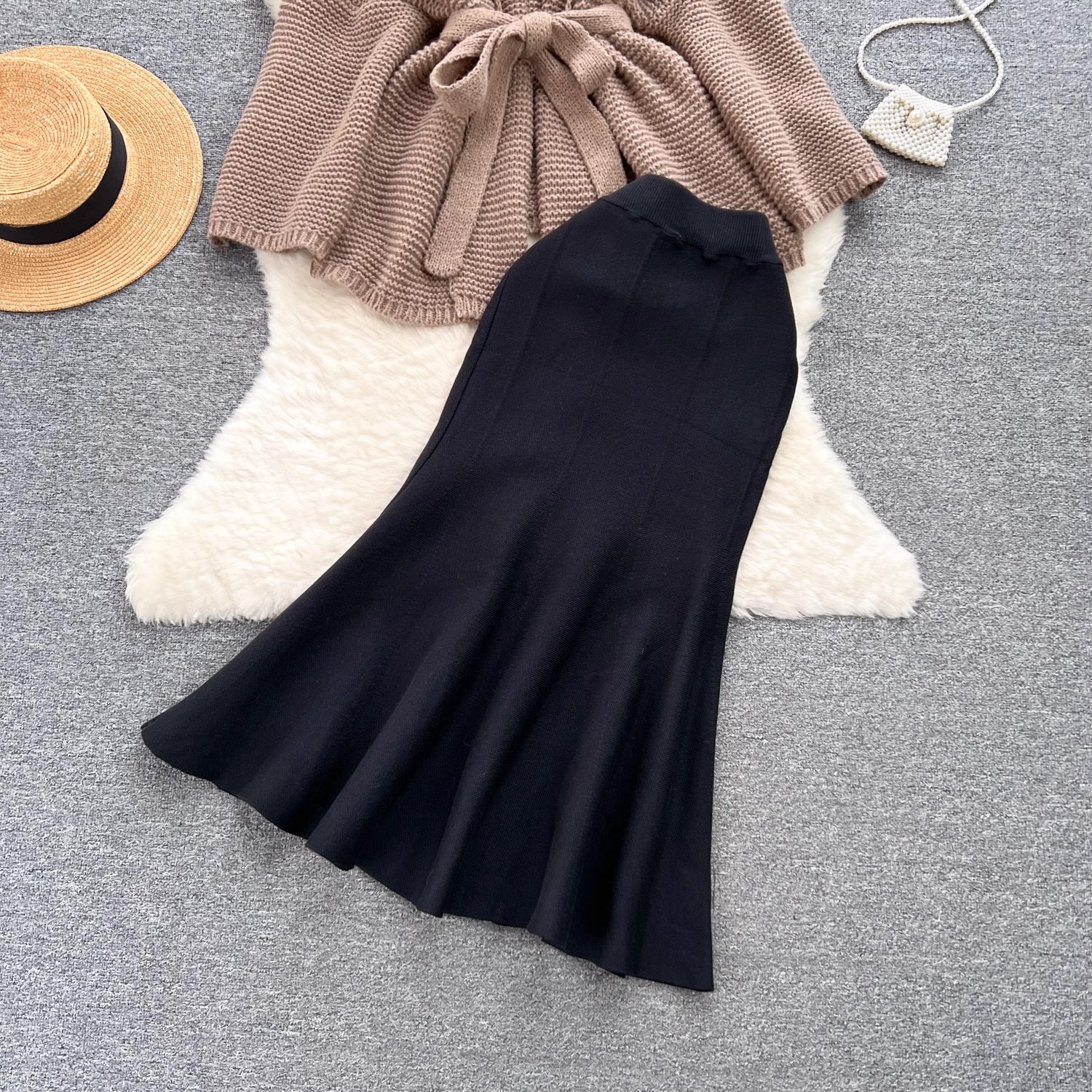 Elegant sweater jacket versatile fishtail skirt two-piece trendy setblack dress