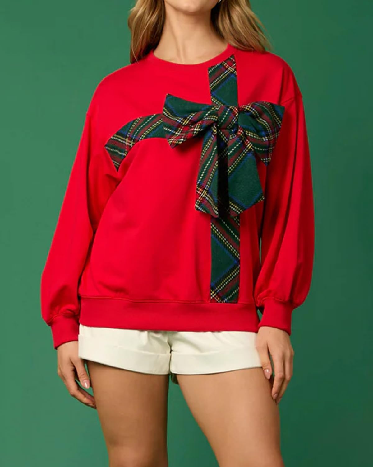 Christmas Round Neck Long Sleeve Bow Sweatshirt