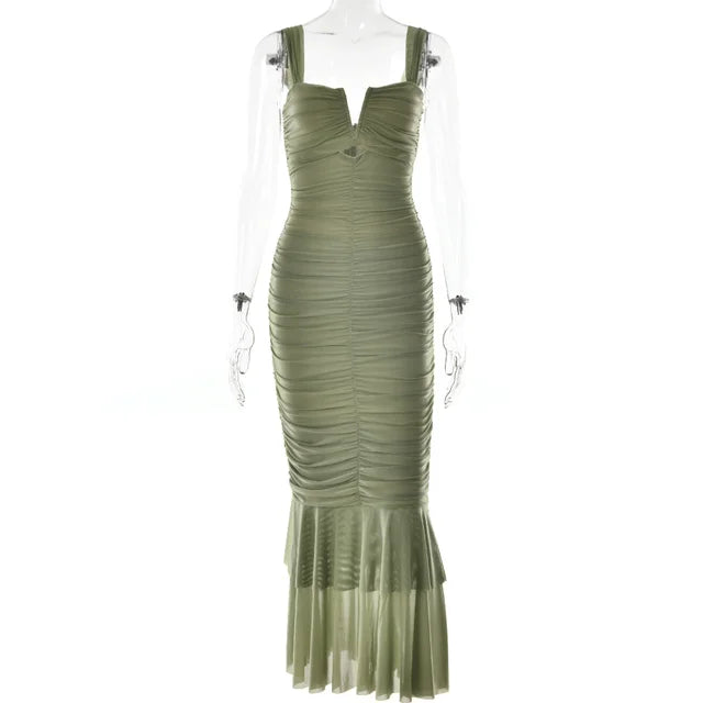 Mozision Hollow Out Backless Ruched Maxi Dress Mesh Elegant Spaghetti Strap Sleeveless Bodycon Party Long Dress