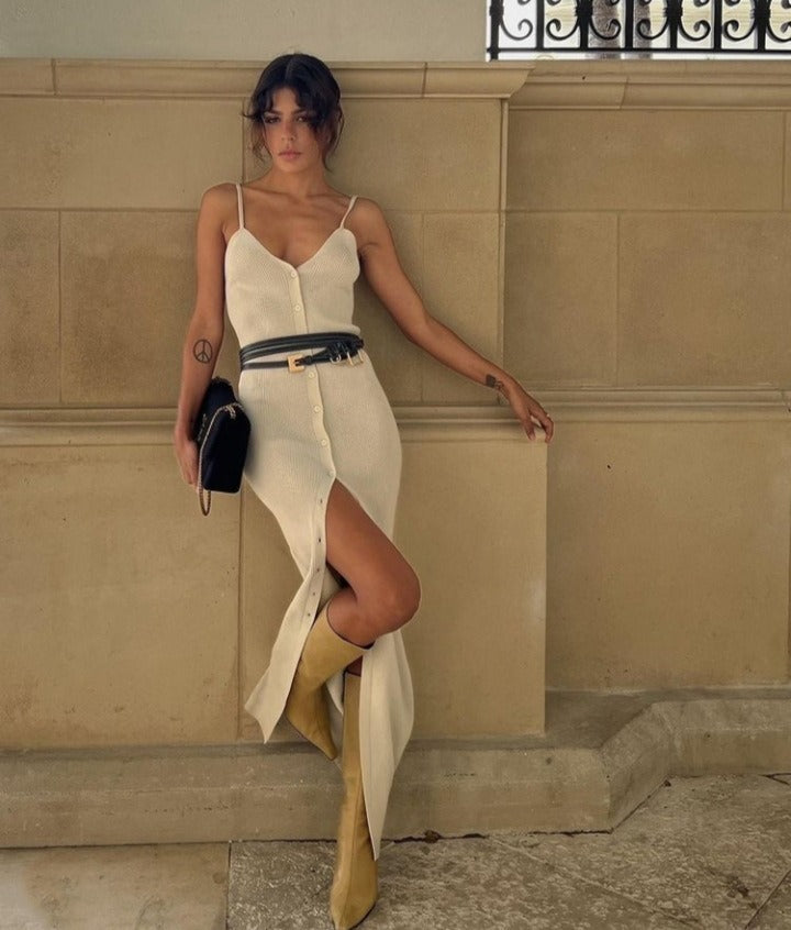 Europe and the United States style single-breasted V-neck sexy halter front slit Slim dresses