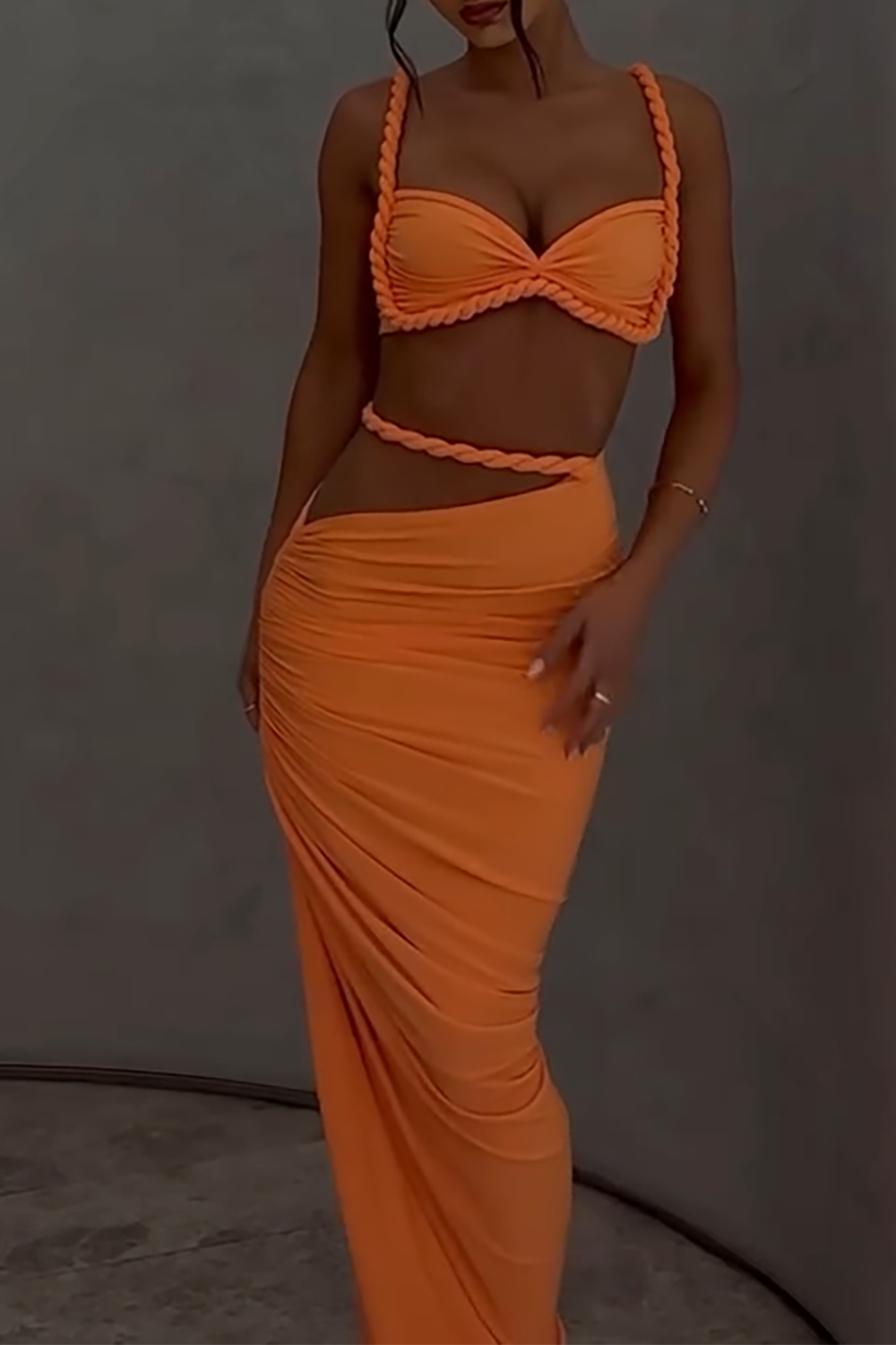 Braided Crop Cami Ruched High Slit Maxi Skirt 2pcs Set - Orange