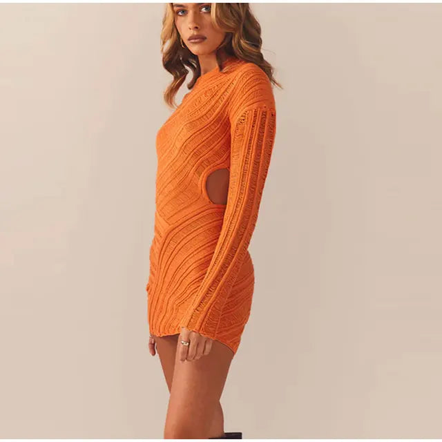 Hollow Out Long Sleeve Knitted Mini Dress Women Sexy White Bodycon Slim Dresses Autumn Female Streetwear Dresses