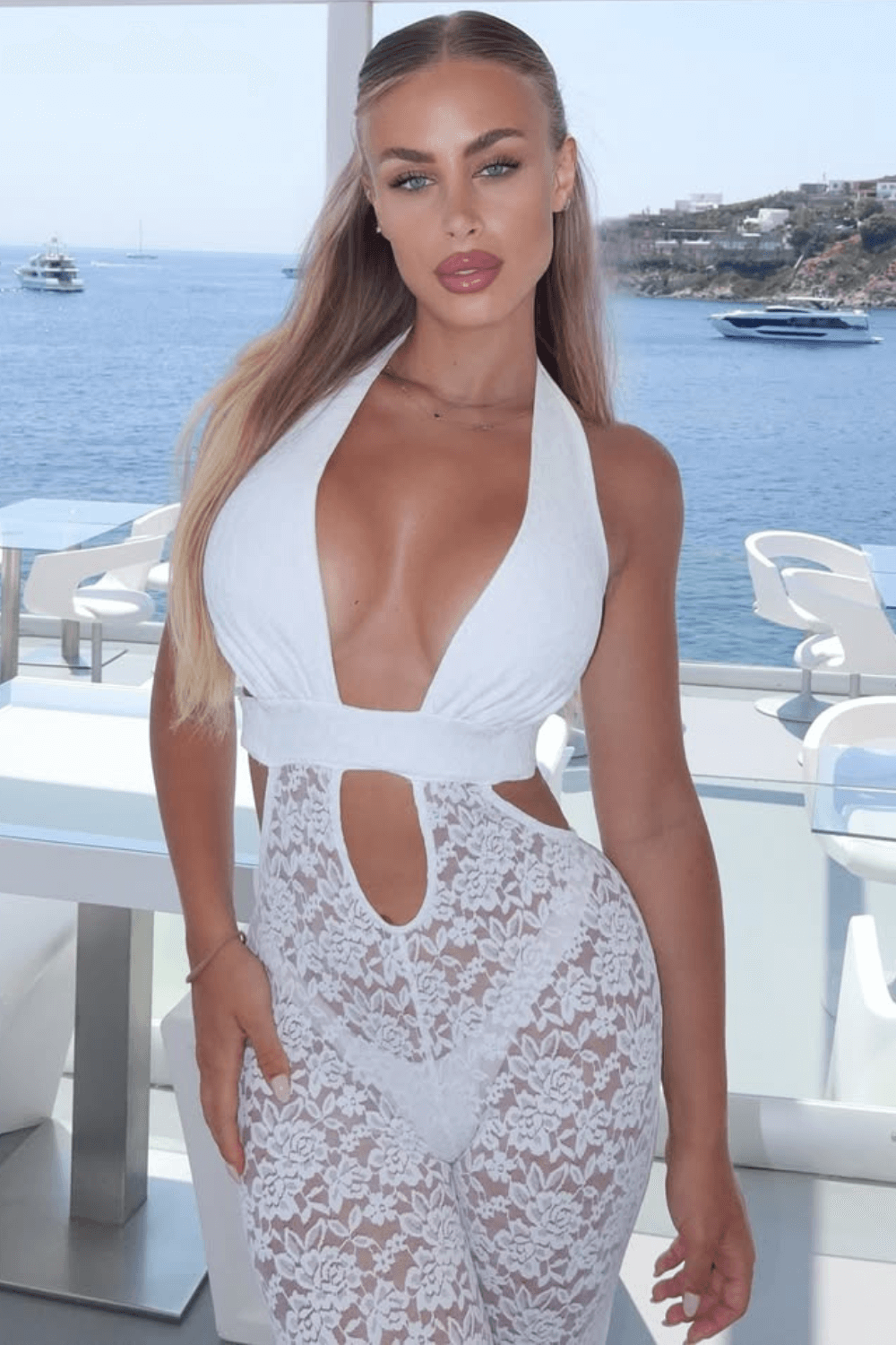 See Through White Lace V Neck Cutout Sleeveless Jumpsuit - white