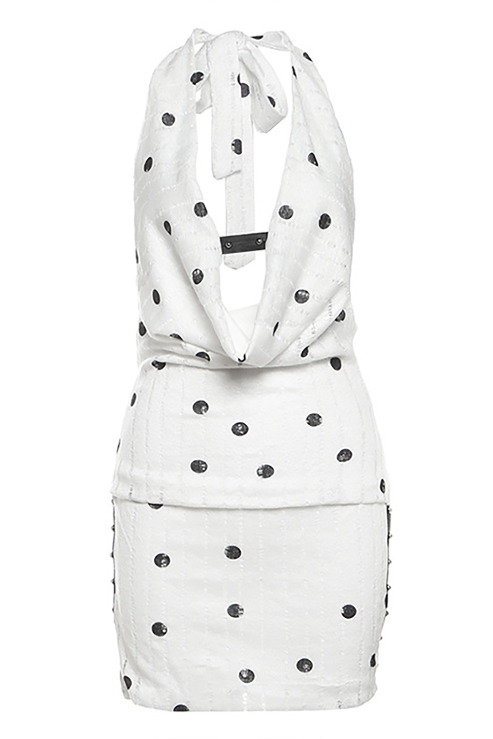 Polka Dot Print Halter Cowl Neckline Bodycon Mini Dresses - White