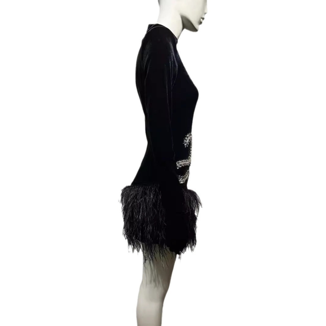 Diamond Feather Skirt Black Shoulder Padded Short Dress Retro Banquet Performance Dress