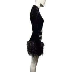 Diamond Feather Skirt Black Shoulder Padded Short Dress Retro Banquet Performance Dress