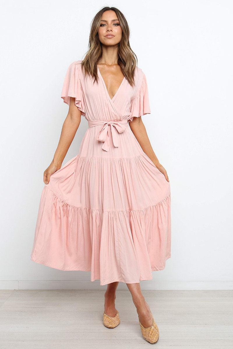 Solid Color Short-Sleeved Long Skirt Dress Dress V-Neck Lace-Up Dress