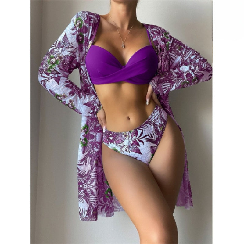 Multicolor Three Pieces Printed Cover Up Bikini For Women