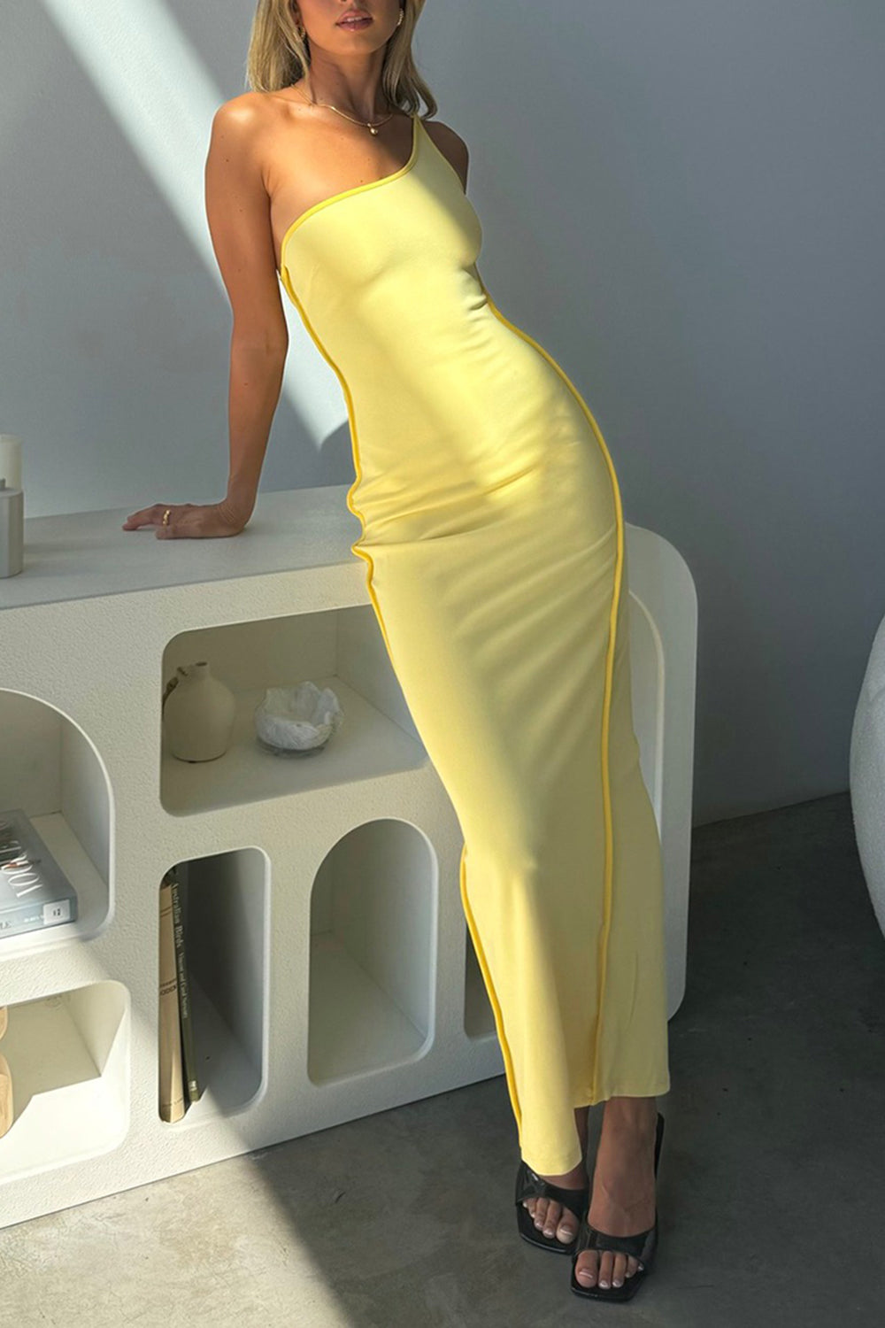 One Shoulder Backless Lace Up Slim Fit Maxi Dresses - Yellow