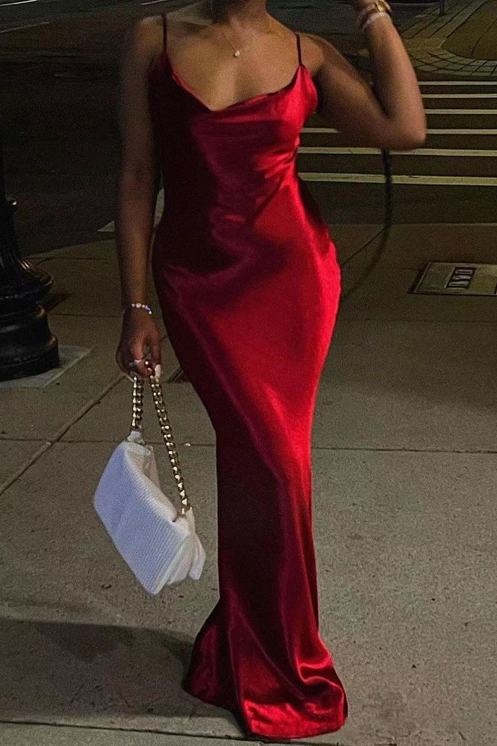 Cowl Neckline Metallic Finish Slim Fit Backless Strappy Maxi Dresses - Gold