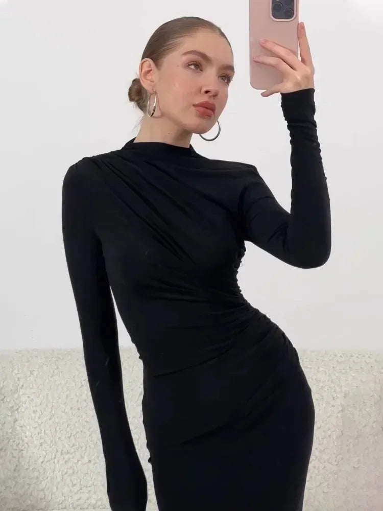 Tossy Pleated Autumn Dress Patchwork Elegant Women Long Sleeve Solid Vestidos Slim High Waist Bodycon Maxi Dress