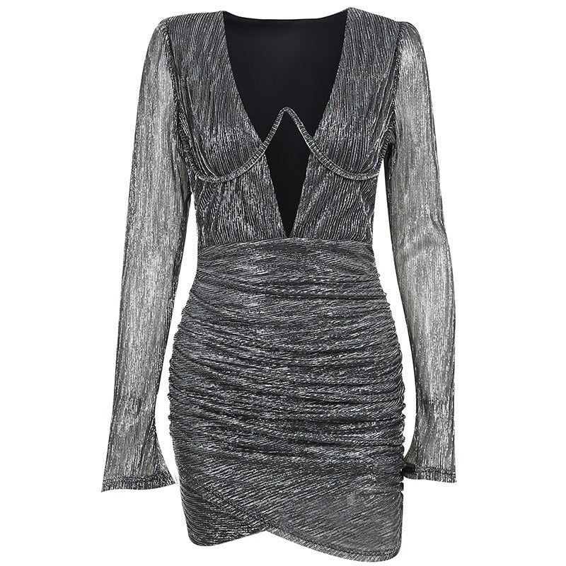 Steel ring pleated long sleeved tight and sexy padded shoulder deep V-neck dress