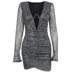 Steel ring pleated long sleeved tight and sexy padded shoulder deep V-neck dress