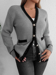 Strickjacke mit kontrastierendem Besatz und Knopfleiste, langärmlig