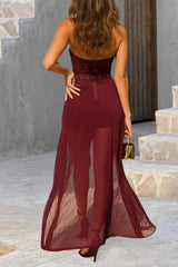 Belted Mesh Overlay Strapless Playsuit Romper 2pcs Set - Burgundy Pre Order