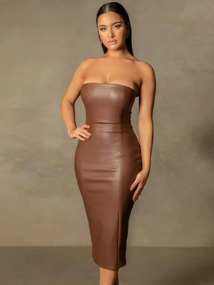Pu Faux Leather Women Midi Party Dress Women Backless Sexy Hot Clubwear Skinny Slim Solid Elegant Bodycon Dresses