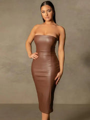 Pu Faux Leather Women Midi Party Dress Women Backless Sexy Hot Clubwear Skinny Slim Solid Elegant Bodycon Dresses