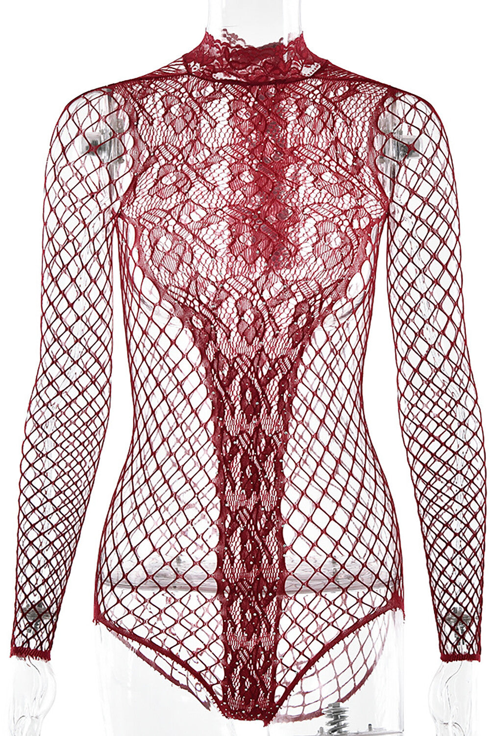 Jacquard Stand Collar Long Sleeve Fishnet Party Bodysuit - Burgundy