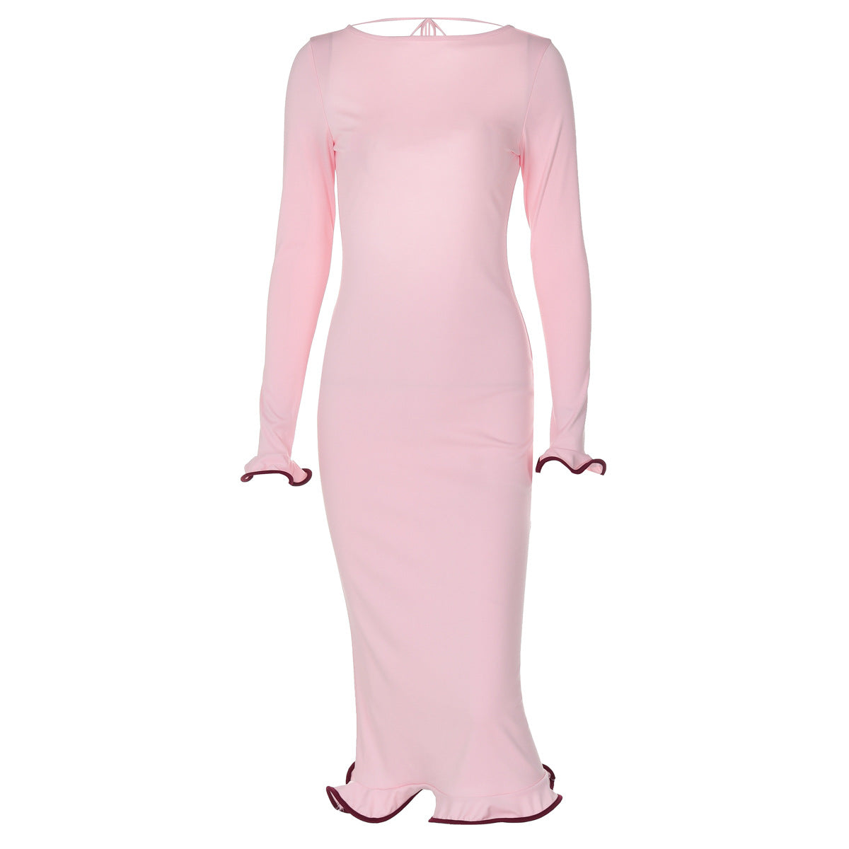 backless flared sleeves with ruffled hem, knitted long skirt, sexy contrasting long dress