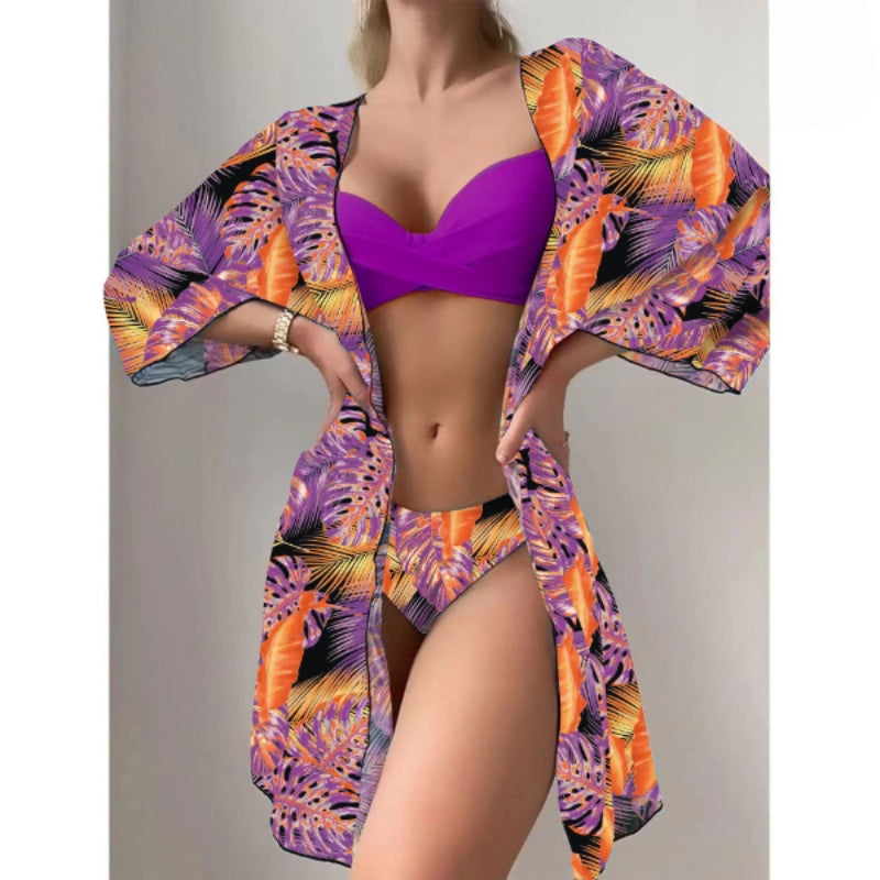 Bikini de tres piezas con estampado multicolor para mujer