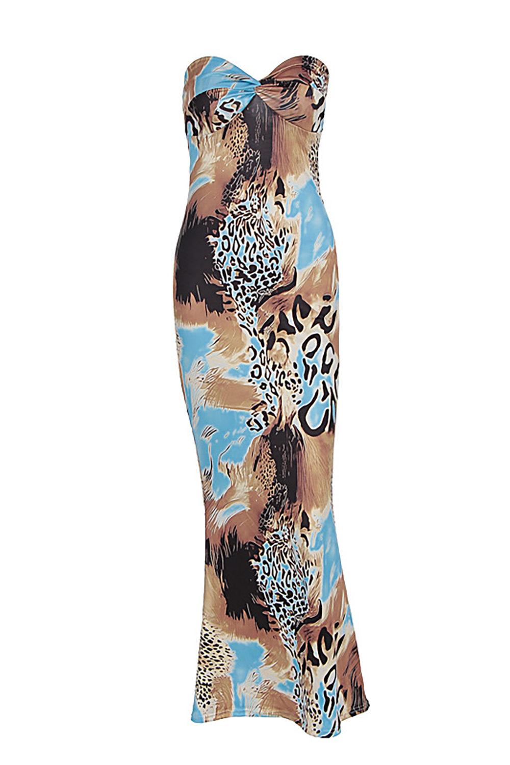 Leopard Mixed Print Strapless Bodycon Fishtail Hem Maxi Dresses - Blue