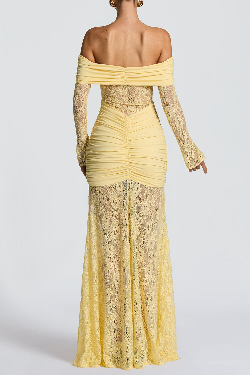 Jacquard Lace Patchwork Off Shoulder Long Sleeve Ruched Maxi Dresses - Yellow