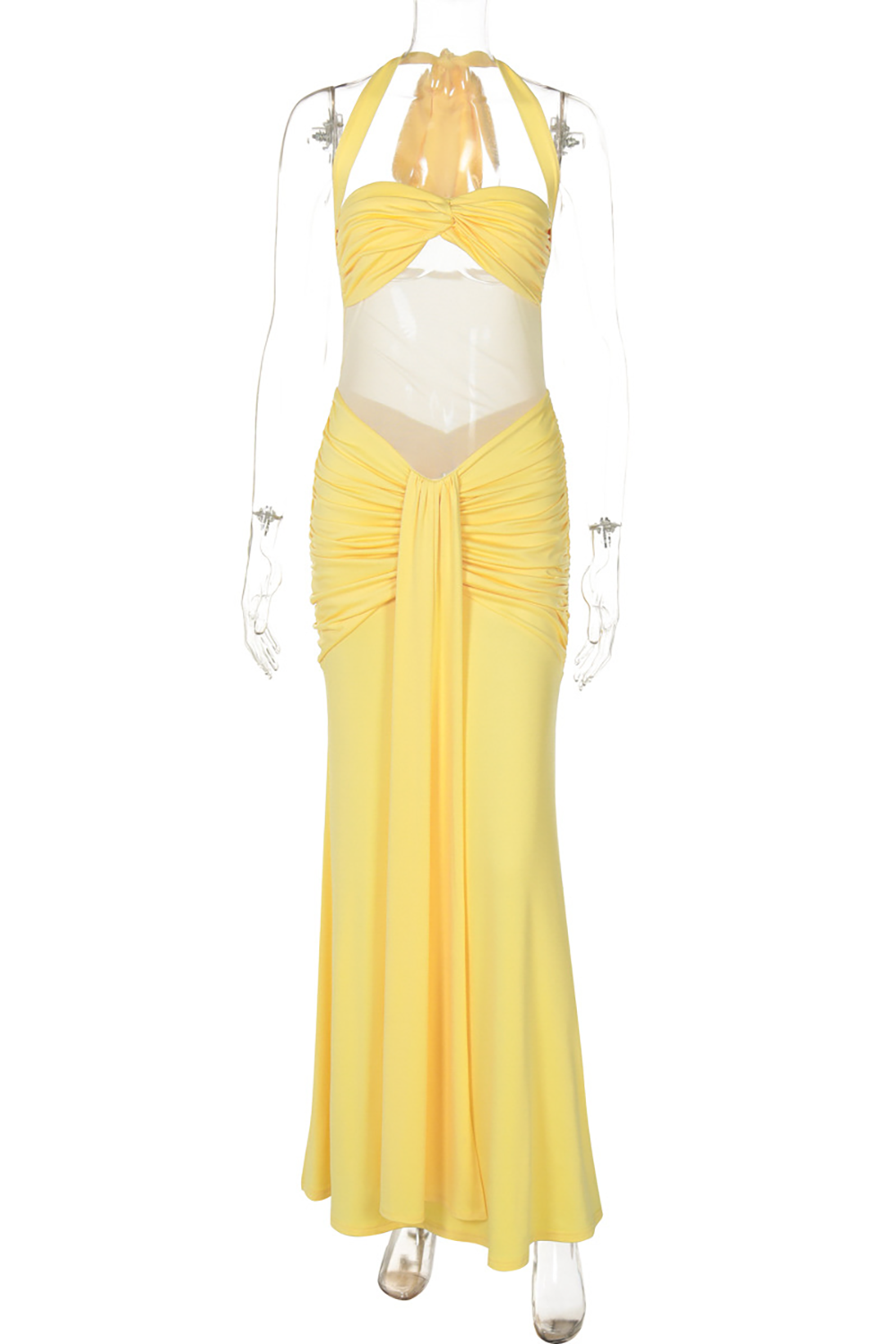 Sheer Mesh Patchwork Ruched Bodycon Sash Halter Maxi Dresses - Yellow