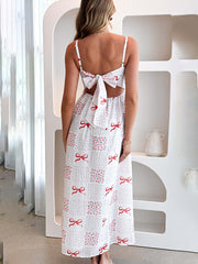 V-neck waist holiday backless bow print dress