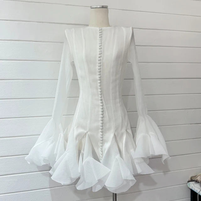 Lotus leaf edge splicing hem short dress women's single breasted lotus leaf sleeve skirt