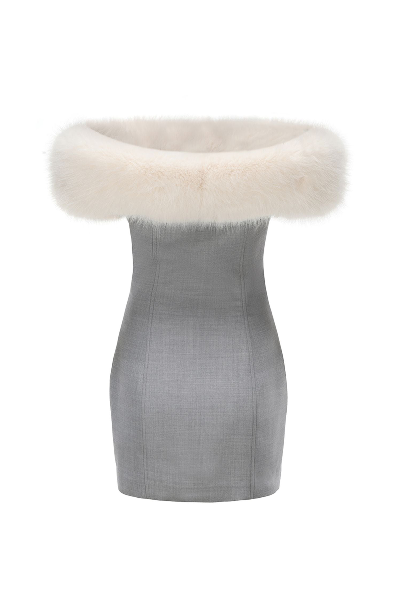 Off Shoulder Plush Patchwork Double - Breasted Mini Dresses - Grey